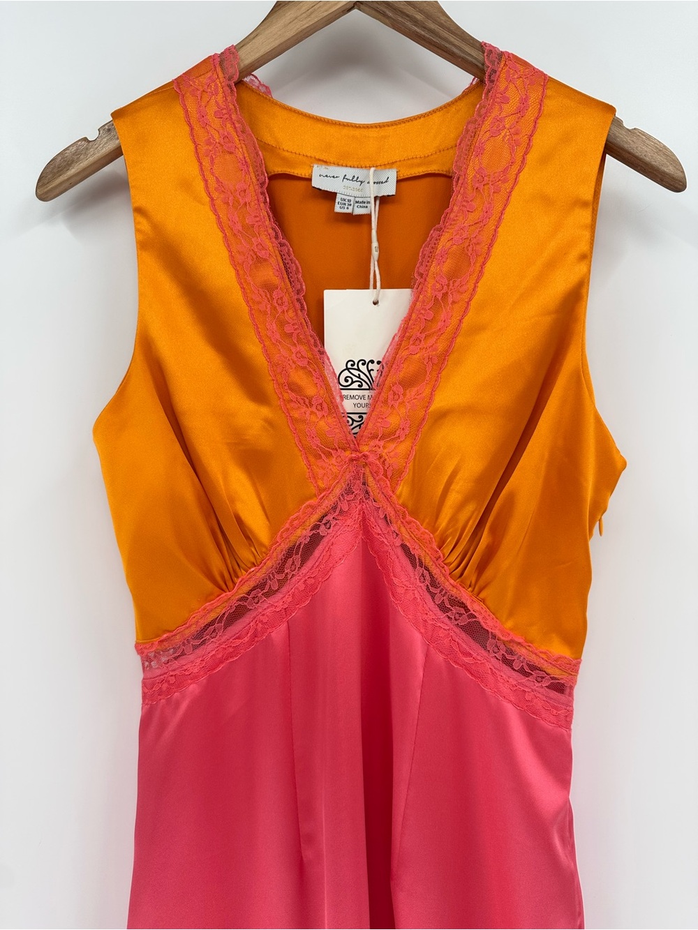 Never Fully Dressed Pink and Orange Satin Lace Slip Dress Size 6 - Picture 2 of 14